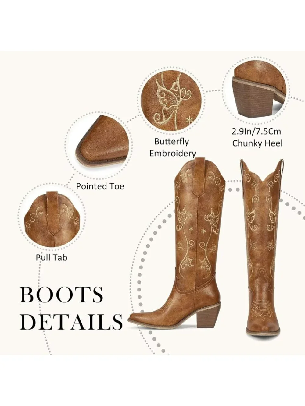 Women's Light Brown Chunky Heel Slip on Pointed Knee High Cowgirl Tall Boots
